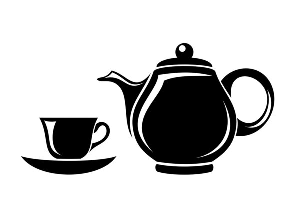 Black silhouette of teapot and cup. Vector illustration.