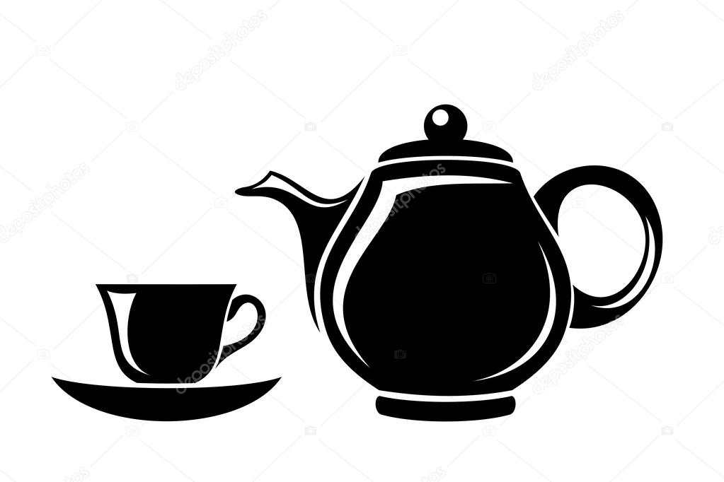 Black silhouette of teapot and cup. Vector illustration.