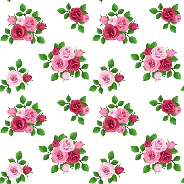 Vector seamless pattern with red and pink roses on white. — Stock Vector