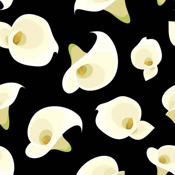 Seamless pattern with white calla lilies on black. Vector illustration. — Stockový vektor