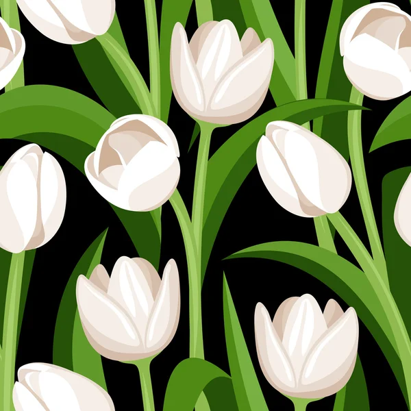 Бесшовный рисунок с белыми тюльпанами на черном. Векторная иллюстрация . — стоковый вектор
