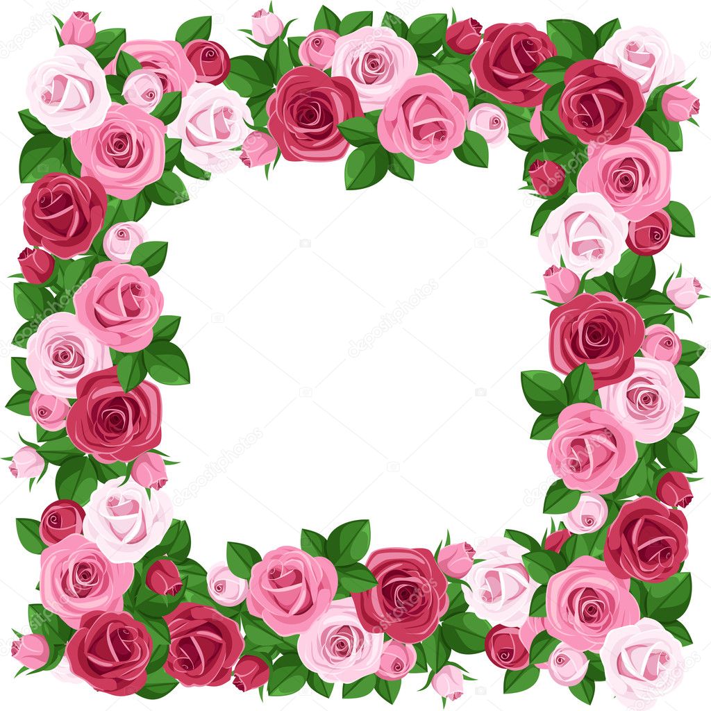 Frame with red and pink roses. Vector illustration.