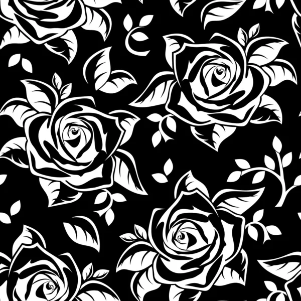 Seamless pattern with white silhouettes of roses on black. Vector illustration. — Stock Vector