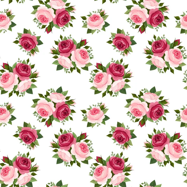 Patrón sin costuras con rosas rojas y rosas rosadas. Ilustración vectorial. — Archivo Imágenes Vectoriales