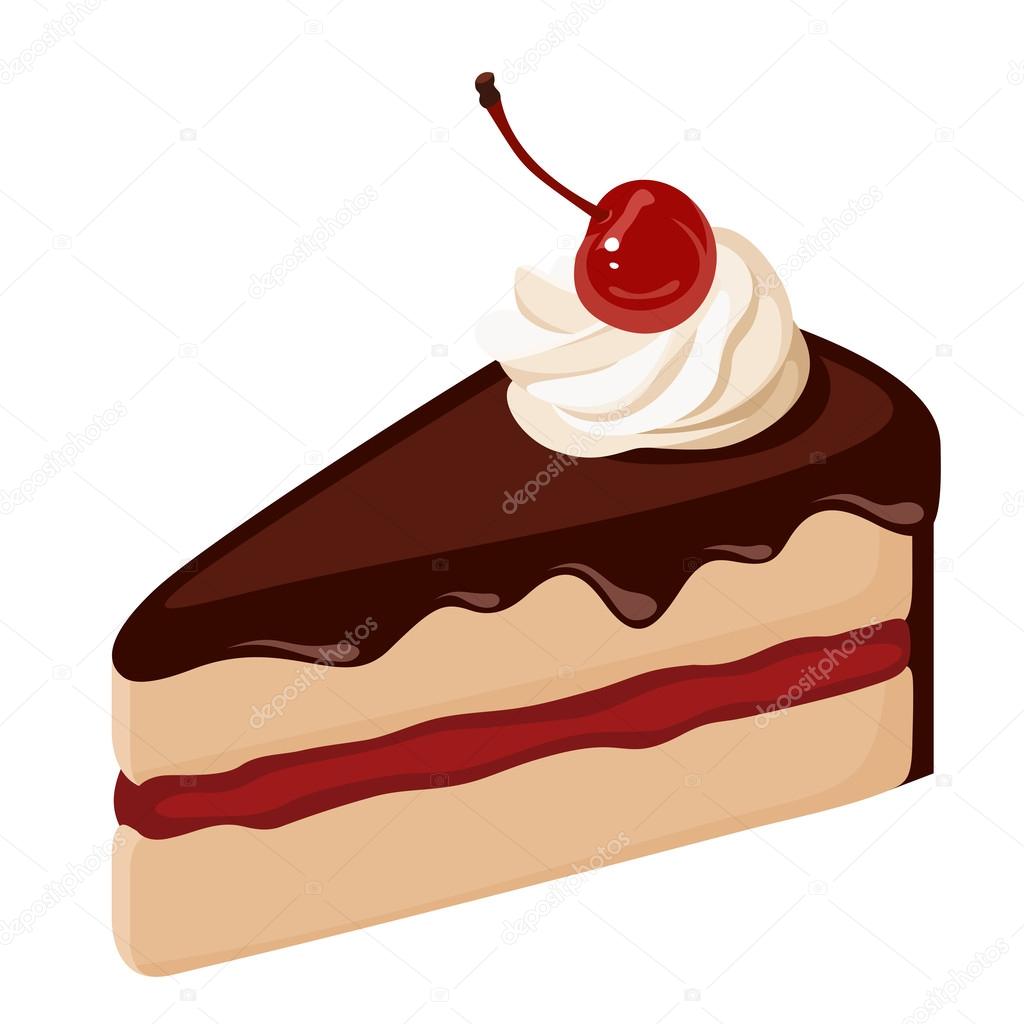 Piece of chocolate cake with cream and cherry. Vector illustration.