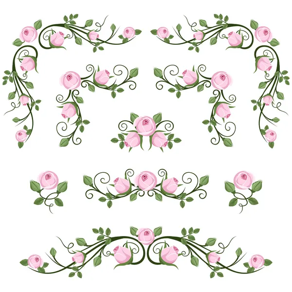 Vintage calligraphic vignettes with pink roses. Vector illustration. — Stock Vector