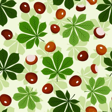 Seamless pattern with chestnuts and green chestnut leaves. Vector illustration. clipart