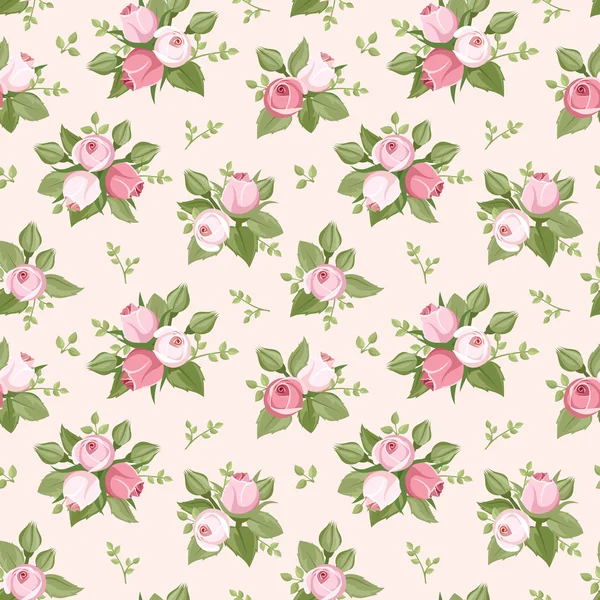 Motif vectoriel sans couture avec des boutons roses et des feuilles . — Image vectorielle