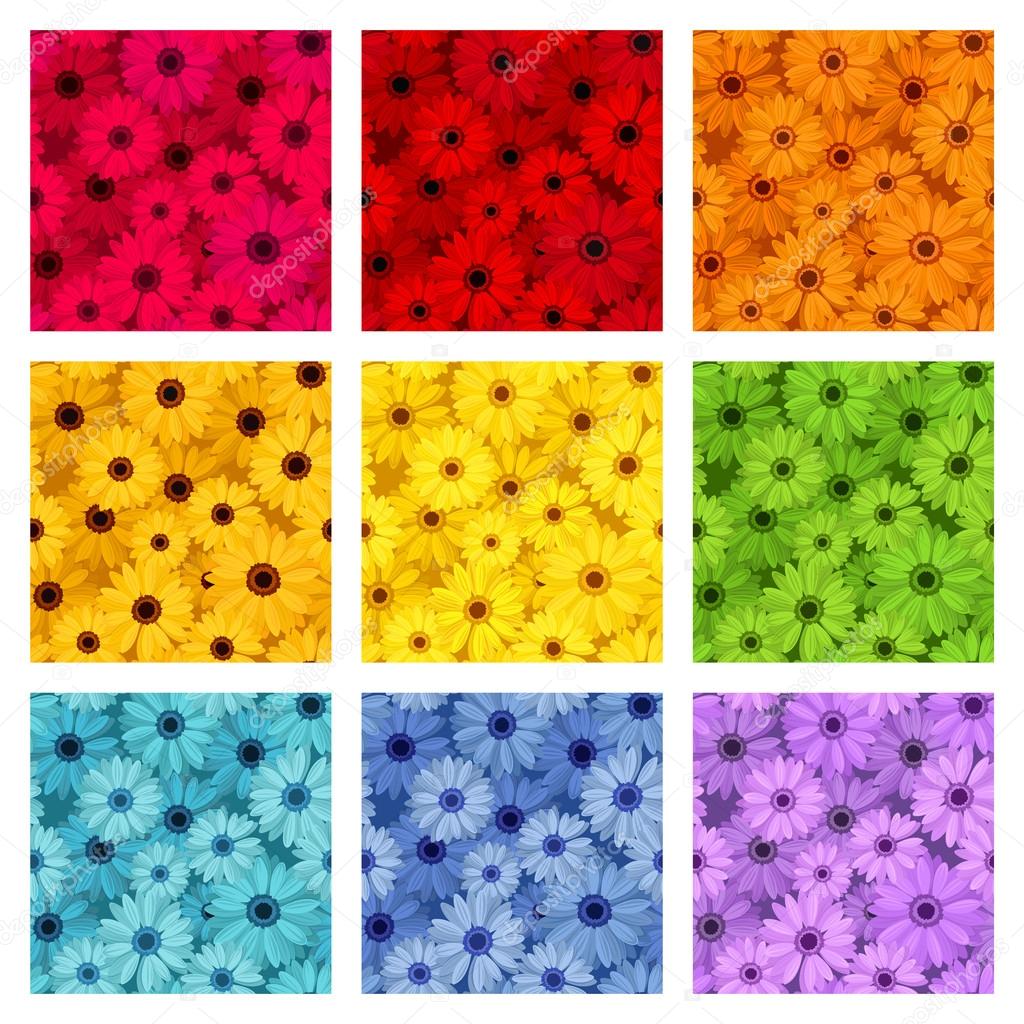 Set of nine seamless patterns with gerbera flowers. Vector illustration.