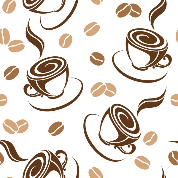 Бесшовный фон с кофейными зернами и чашками. Векторная иллюстрация. — стоковый вектор