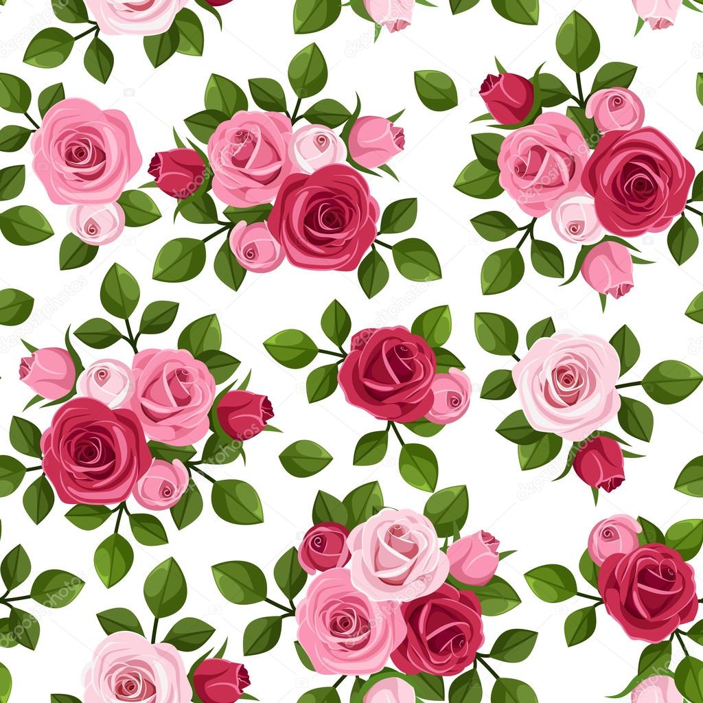 Vector seamless pattern with red and pink roses on white.
