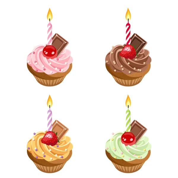 Cupcakes d'anniversaire. Ensemble de quatre illustrations vectorielles . — Image vectorielle