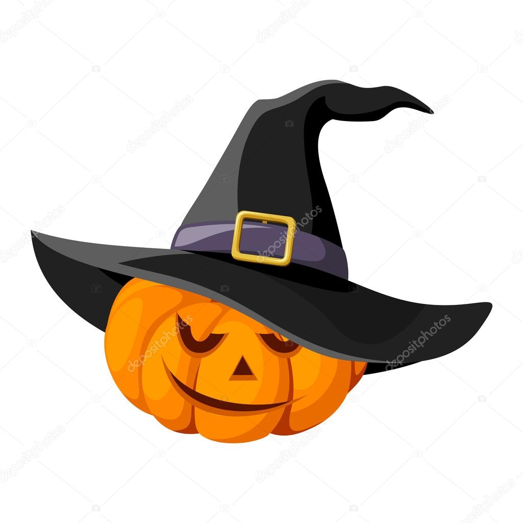 Jack-O-Lantern. Halloween pumpkin with black witches hat. Vector illustration.