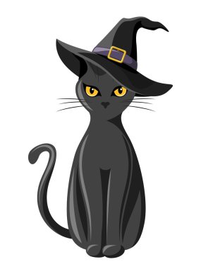 Cadı şapka ile siyah kedi. vektör çizim.