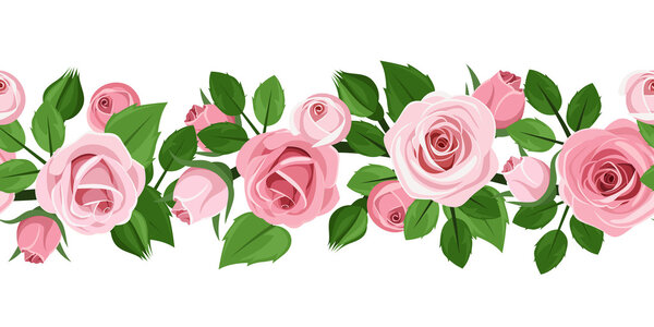 Horizontal seamless background with pink roses. Vector illustration.