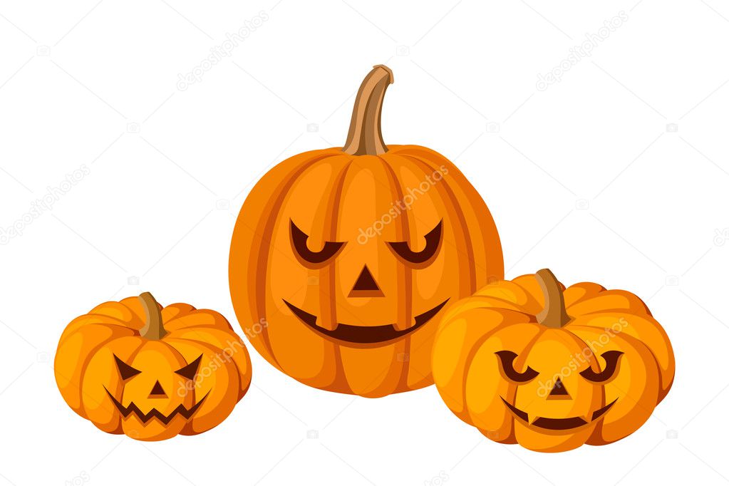 Three Halloween pumpkins (Jack-O-Lanterns). Vector illustration.