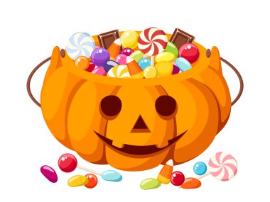 Halloween candies in Jack-O-Lantern bag. Vector illustration.