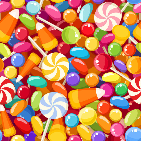 Seamless background with various candies. Vector illustration.