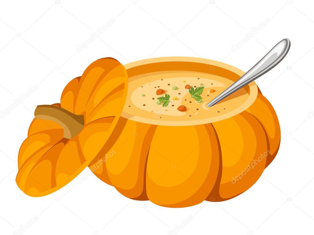 Soup in pumpkin. Vector illustration.