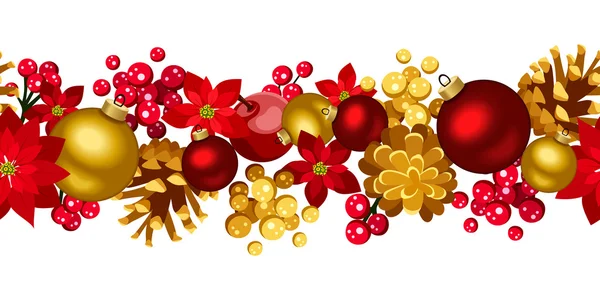 Christmas horizontal seamless background with balls, holly, cones and poinsettia. — Stock Vector