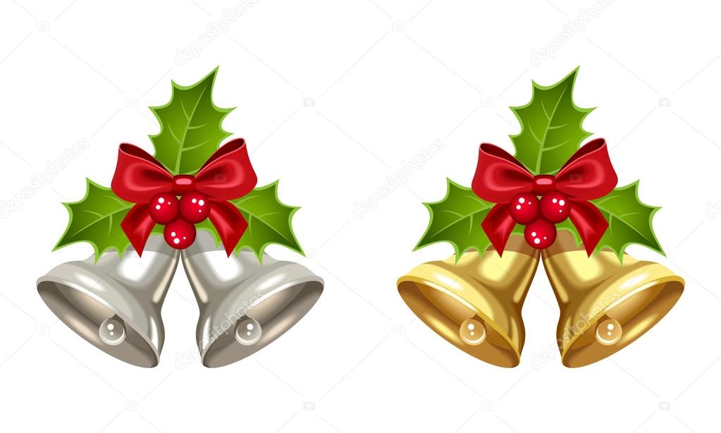 Silver and golden Christmas bells. Vector illustration.