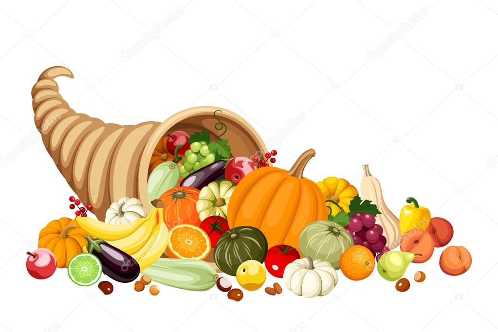 Autumn cornucopia (horn of plenty) with fruits and vegetables. Vector.