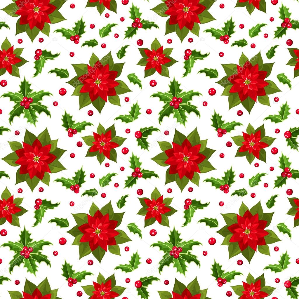 Christmas seamless background with poinsettia and holly.