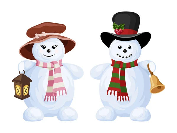 Due pupazzi di neve di Natale: un ragazzo e una ragazza. Illustrazione vettoriale . — Vettoriale Stock