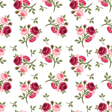 Kırmızı ve pembe güllerle kusursuz desen. Vektör illüstrasyonu.