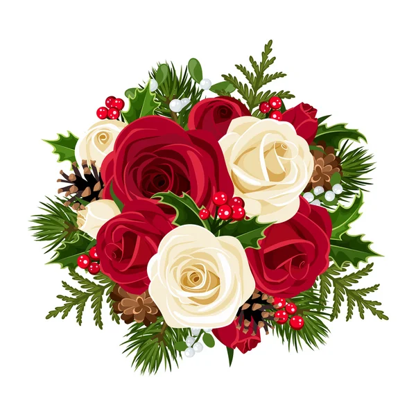 Kerstmis boeket met rozen. vectorillustratie. — Stockvector