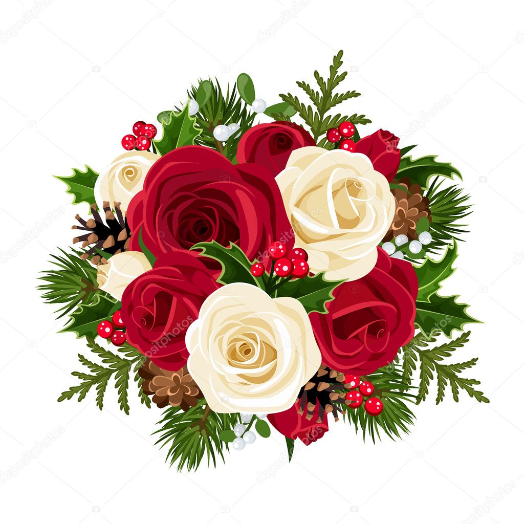 Christmas bouquet with roses. Vector illustration.