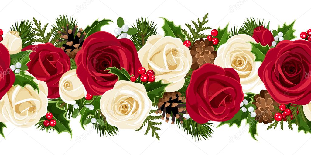 Christmas horizontal seamless background with roses. Vector illustration.