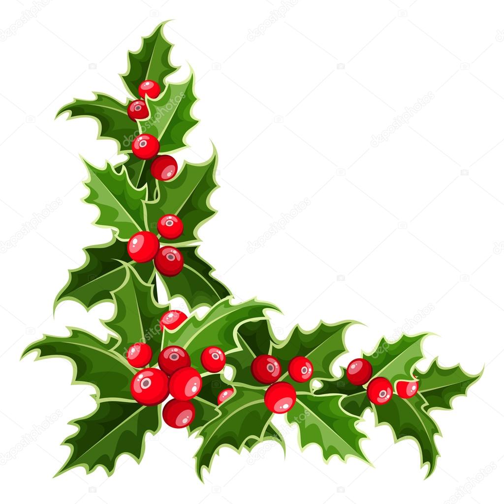 Decorative corner with Christmas holly. Vector illustration.