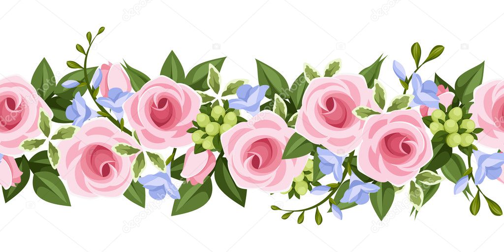 Horizontal seamless background with roses and freesia. Vector illustration.