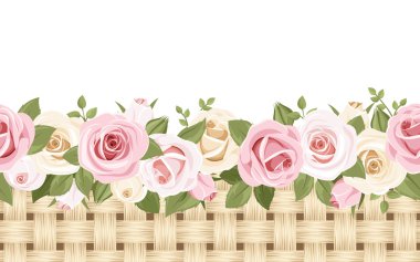 Horizontal seamless background with roses and wicker. Vector illustration.