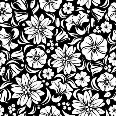 White seamless floral pattern on black. Vector illustration.
