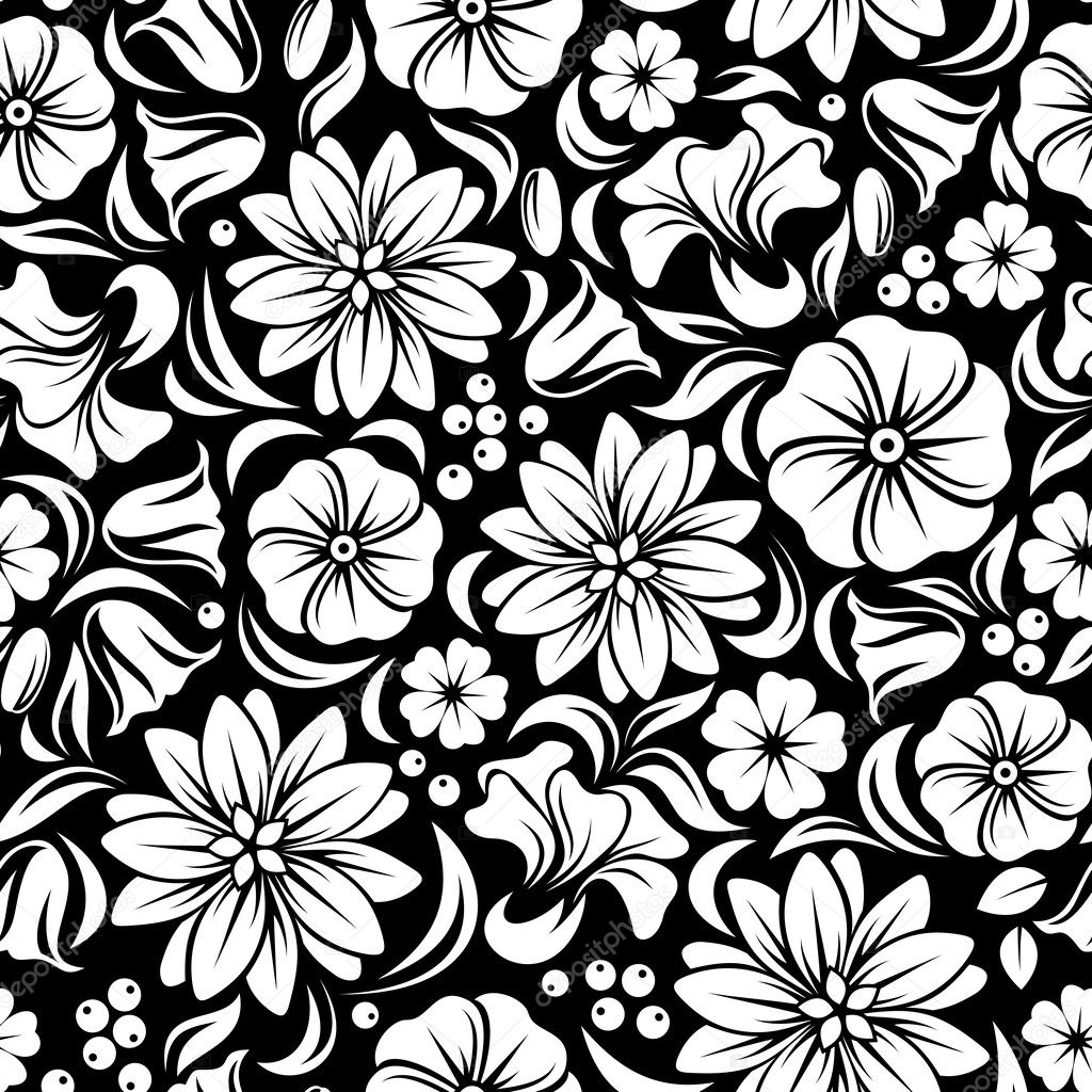 Pattern black flowers. Floral seamless pattern with different