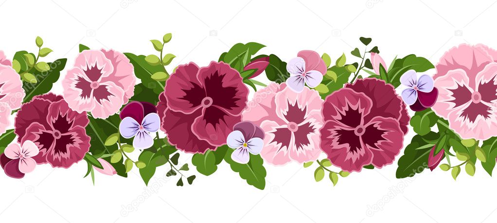 Horizontal seamless background with pansy flowers. Vector illustration.
