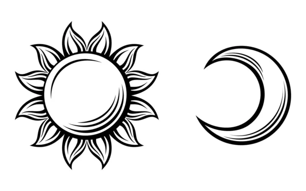 Siluetas negras del sol y la luna. Ilustración vectorial . — Vector de stock