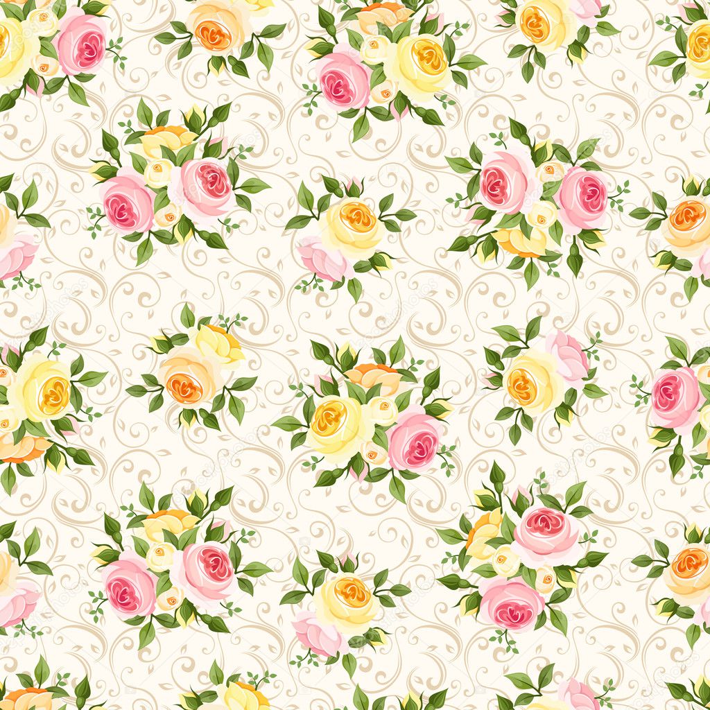 Seamless pattern with pink, orange and yellow roses. Vector illustration.