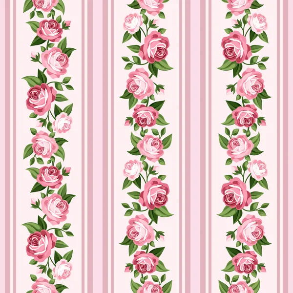 Vintage motif rayé sans couture avec des roses roses. Illustration vectorielle . — Image vectorielle