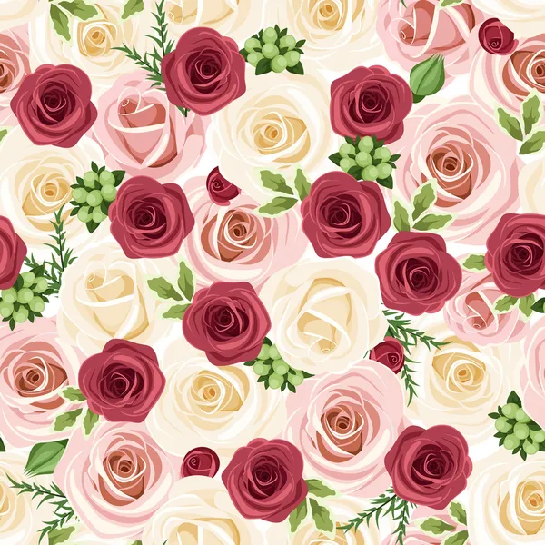 Бесшовный фон с красными, розовыми и белыми розами. Векторная иллюстрация . — стоковый вектор