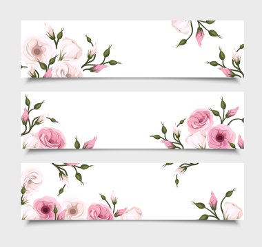 Üç afiş pembe lisianthus çiçekler ile vektör.