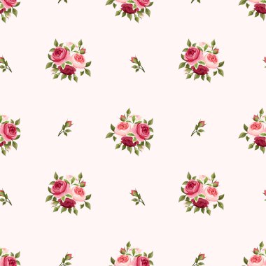 Kırmızı ve pembe güllerle kusursuz desen. Vektör illüstrasyonu.