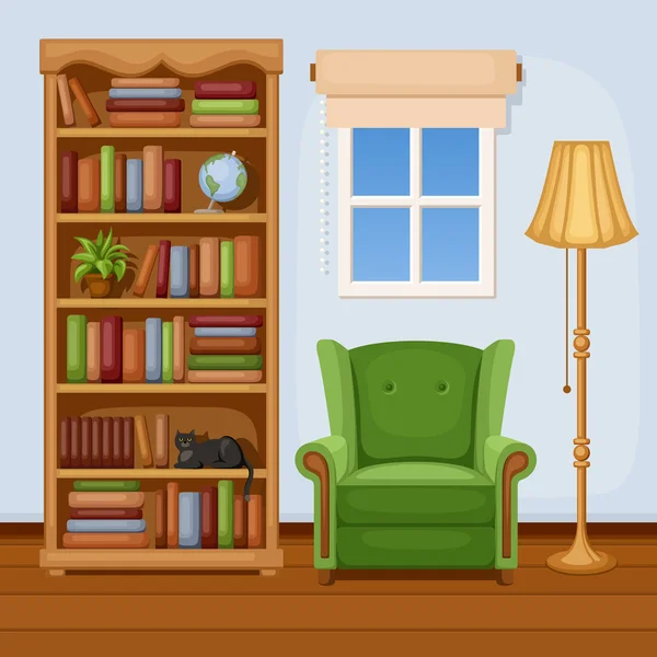 Εσωτερικό δωμάτιο με βιβλιοθήκη και πολυθρόνα. εικονογράφηση φορέας. — Διανυσματικό Αρχείο