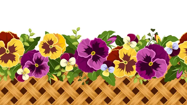 Horizontal seamless background with pansy flowers and wicker. Vector illustration. — Stock Vector