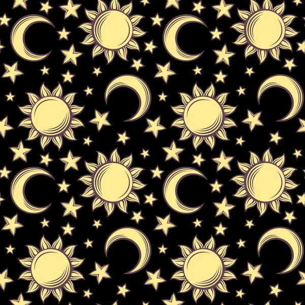 Безшовний візерунок із сонцями, місяцями та зірками. Векторні ілюстрації . — стоковий вектор