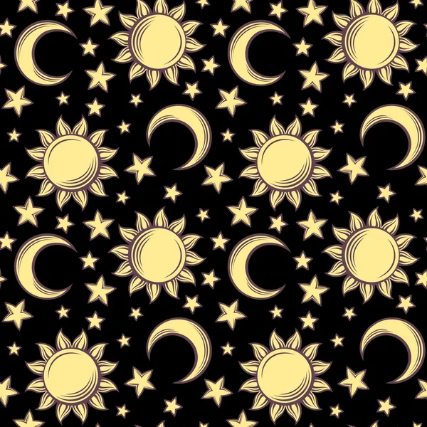 Seamless pattern with suns, moons and stars. Vector illustration. — Stock Vector