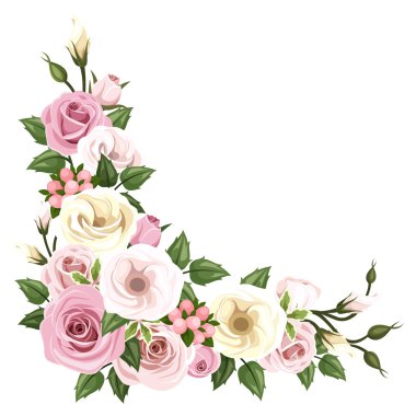 Gül ve lisianthus çiçekler. vektör köşe arka plan.