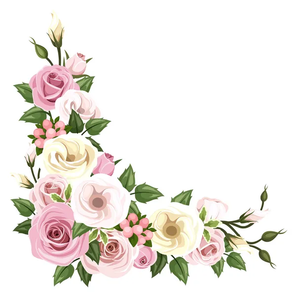 Roses et fleurs de lisianthus. Fond d'angle vectoriel . — Image vectorielle